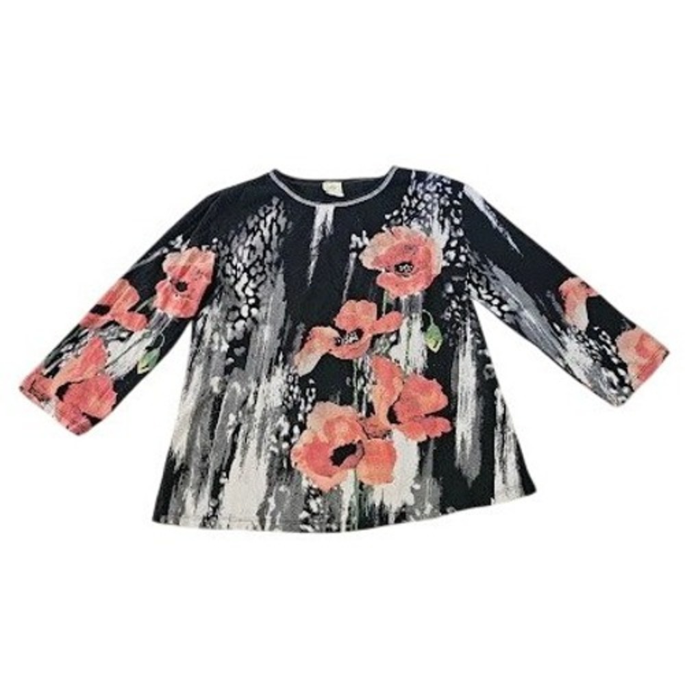 Jess & Jane Rising Flowers Poppy Print Rhinestone Cotton Top Large Black Shirt